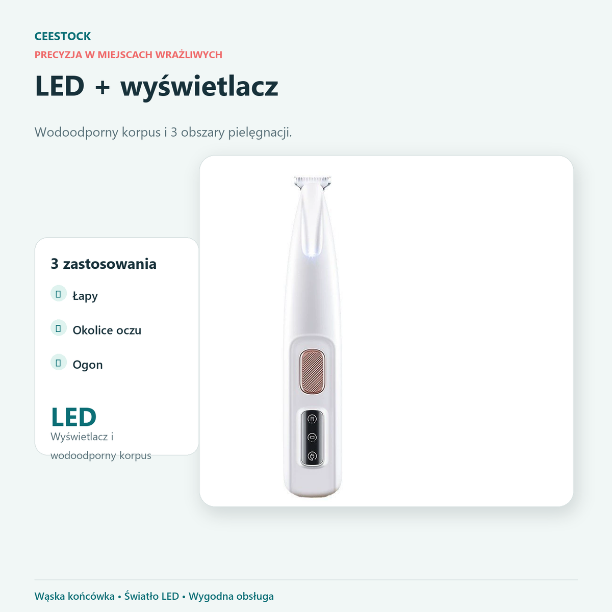 LED, inteligentny wyświetlacz i wodoodporny korpus trymera