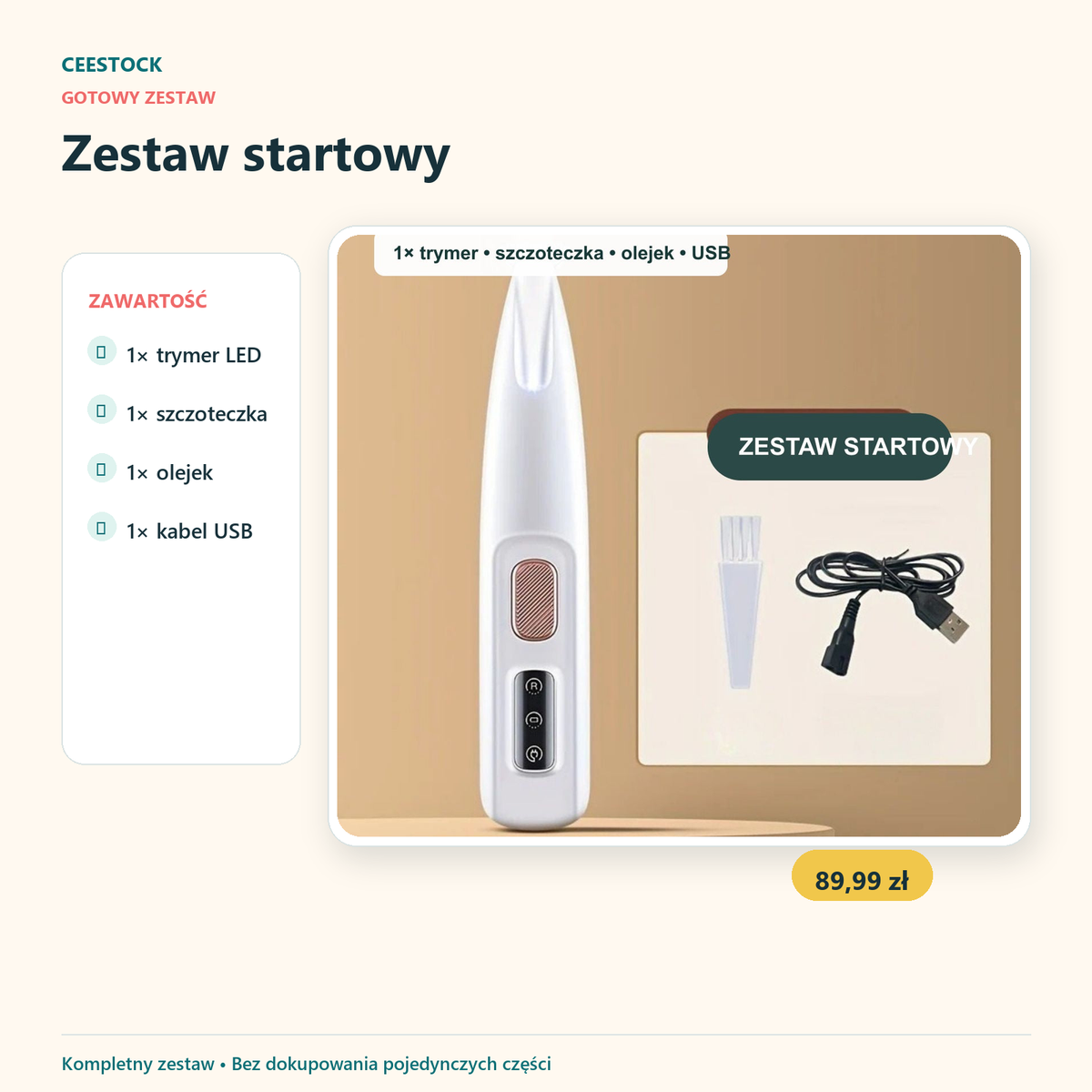 Zestaw startowy: trymer LED, szczoteczka, olejek i kabel USB