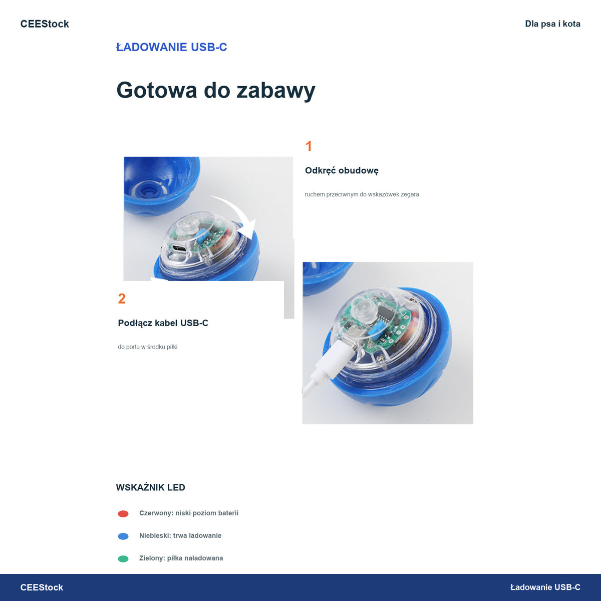 Ładowanie piłki LED przez USB-C i wskaźnik stanu baterii