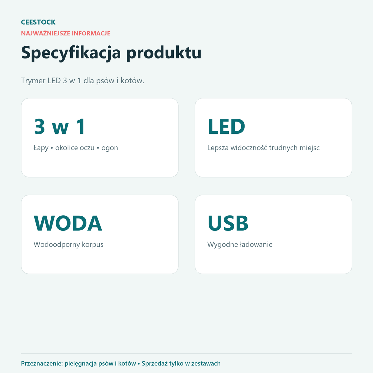 Specyfikacja trymera LED 3 w 1 dla psów i kotów