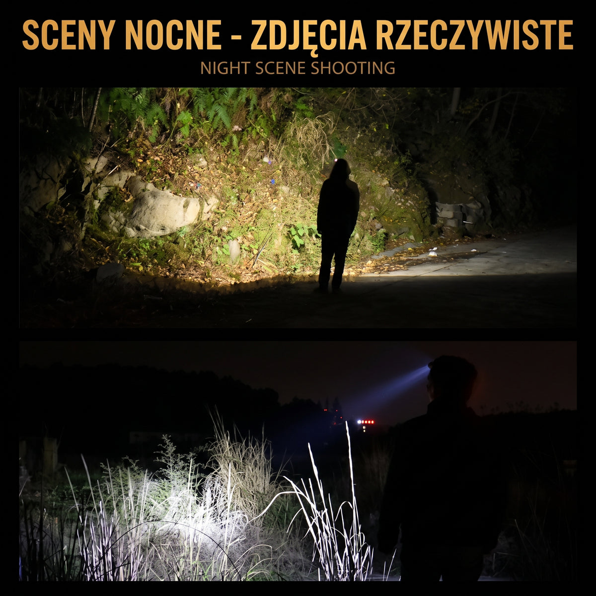Latarka czołowa — dwie sceny z latarką podczas nocnej wędrówki