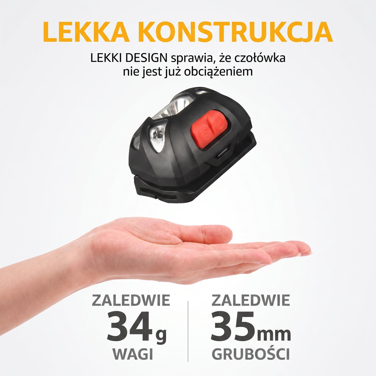 Latarka czołowa — latarka nad dłonią i grafika jej wymiarów