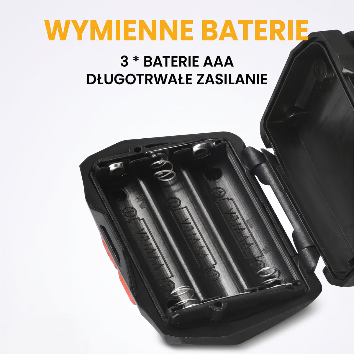 Latarka czołowa — otwarta komora na trzy baterie AAA