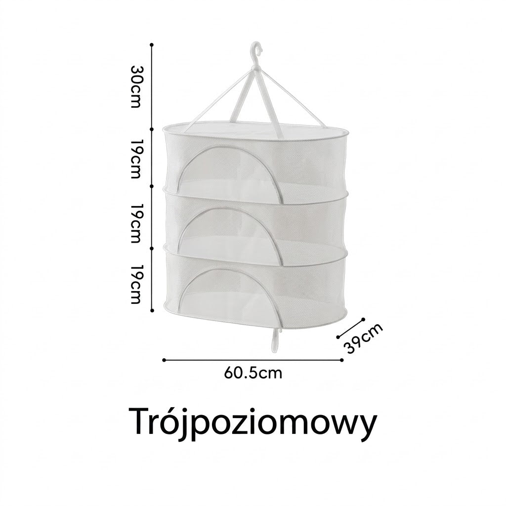 Wisząca suszarka siatkowa — schemat trzech poziomów i wymiarów suszarki