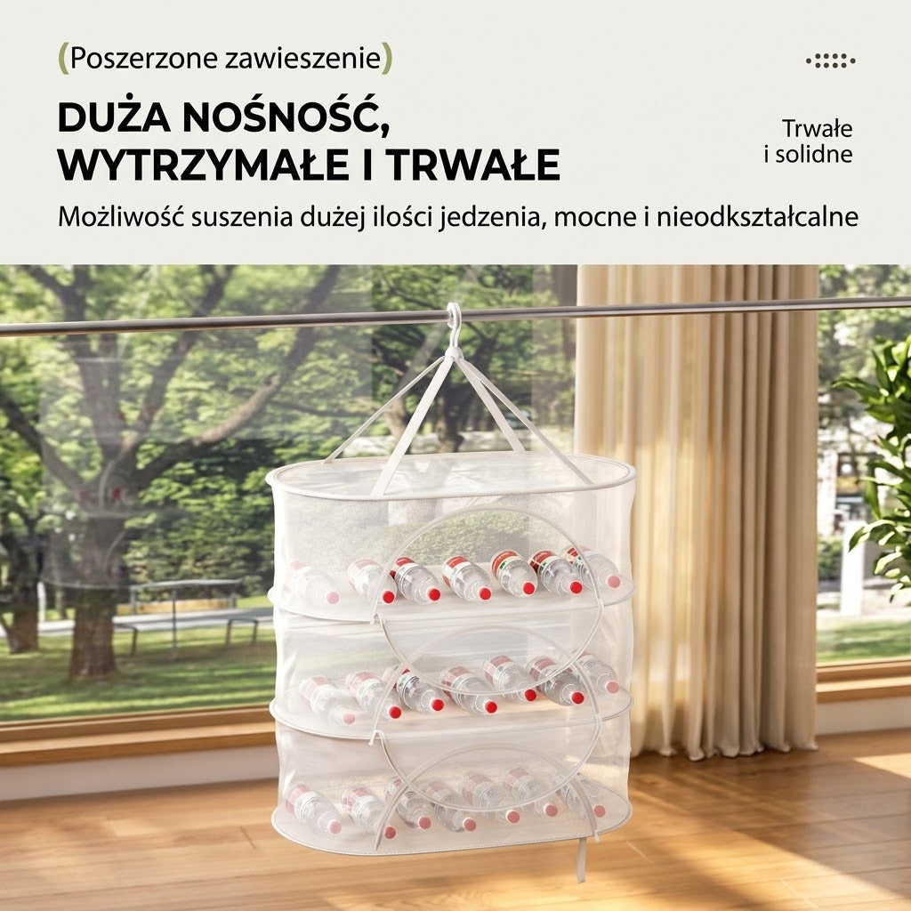 Wisząca suszarka siatkowa — suszarka z obciążonymi półkami przy oknie