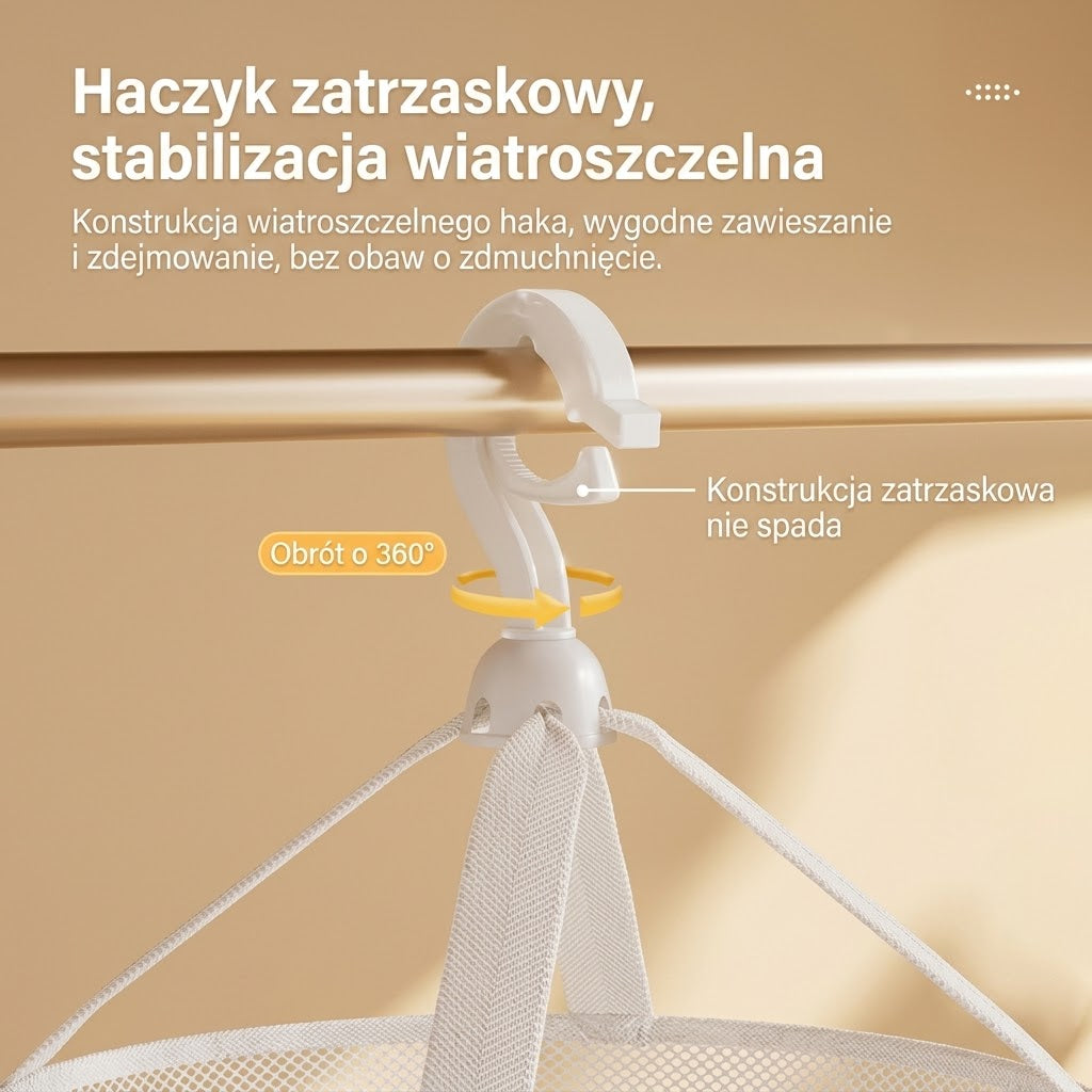 Wisząca suszarka siatkowa — zbliżenie haczyka i zawieszenia na drążku