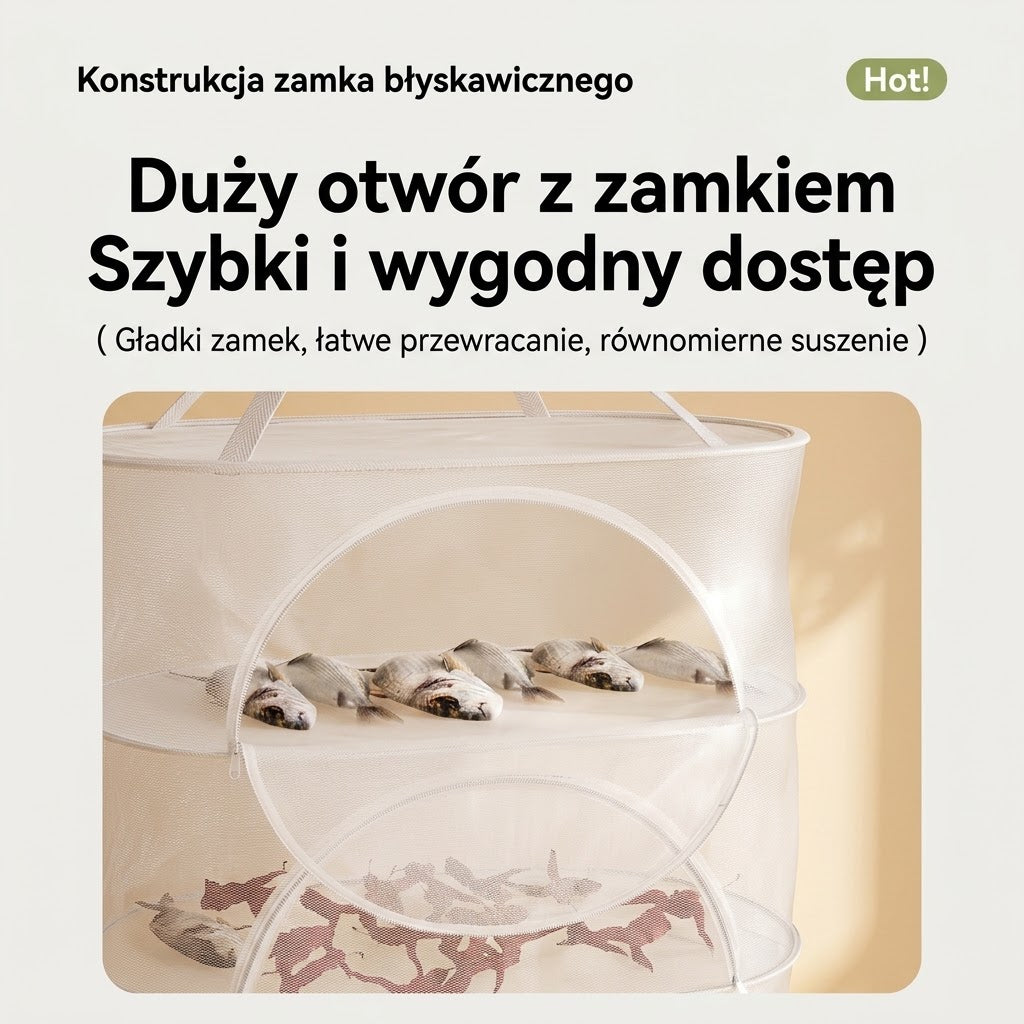 Wisząca suszarka siatkowa — otwarty zamek w bocznej części suszarki