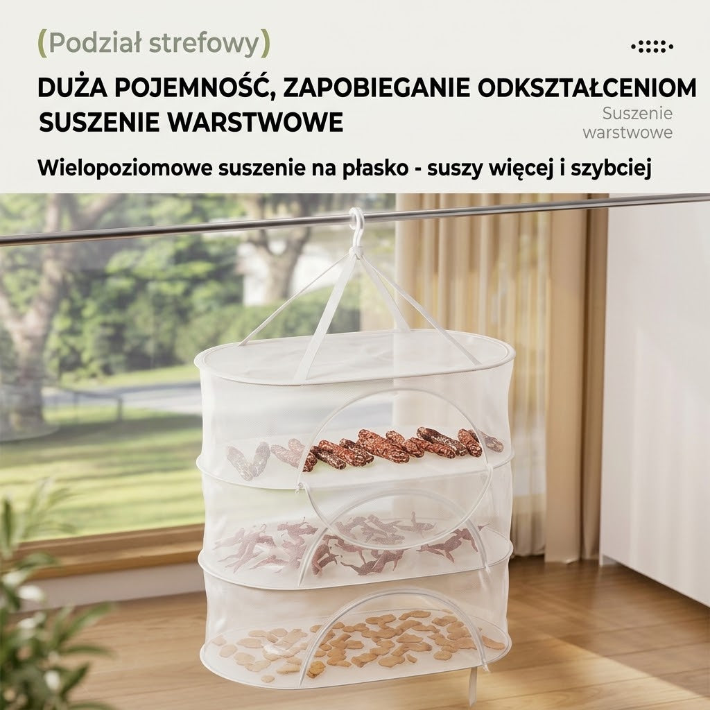 Wisząca suszarka siatkowa — żywność rozłożona na oddzielnych poziomach siatki