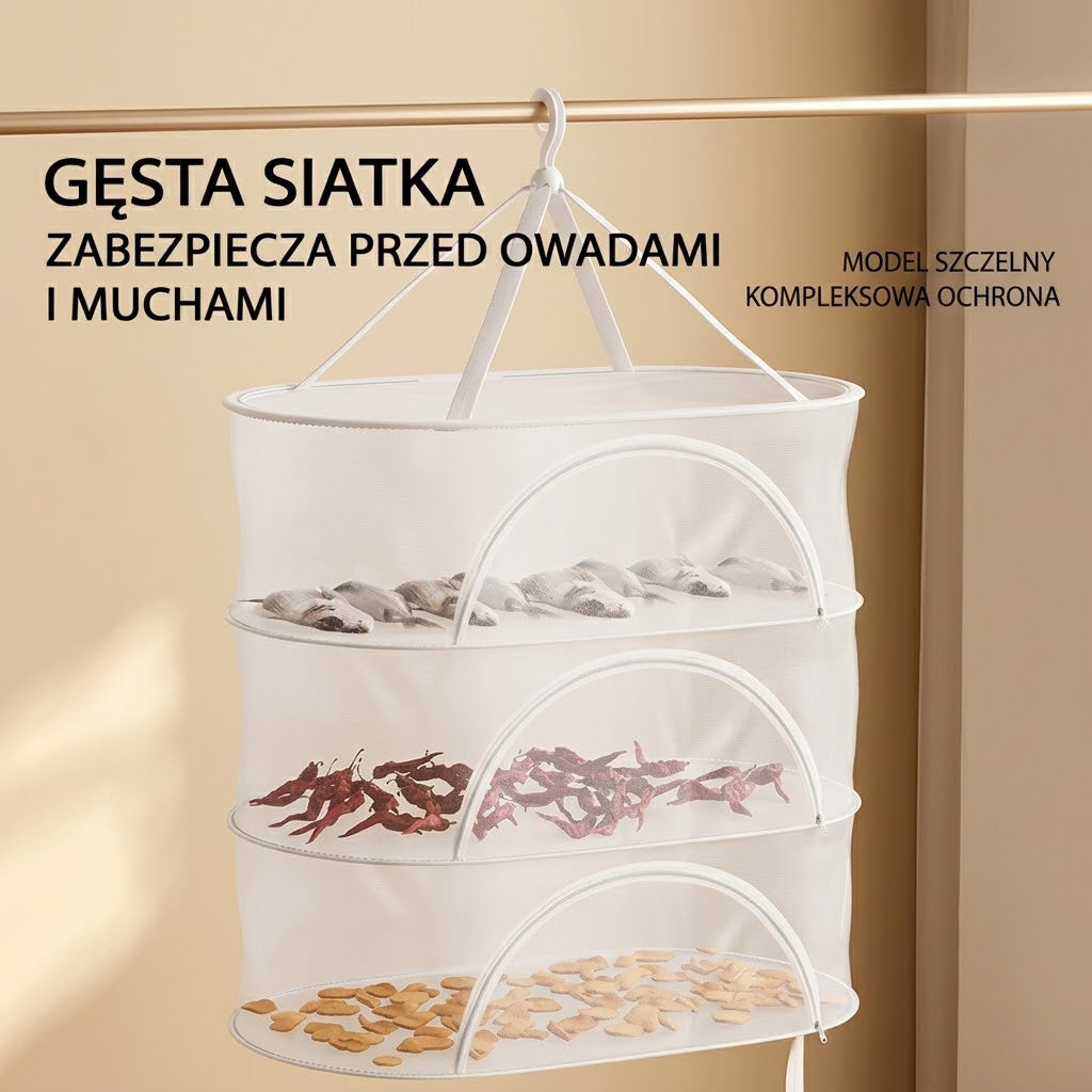 Wisząca suszarka siatkowa — trzypoziomowa suszarka zawieszona na drążku