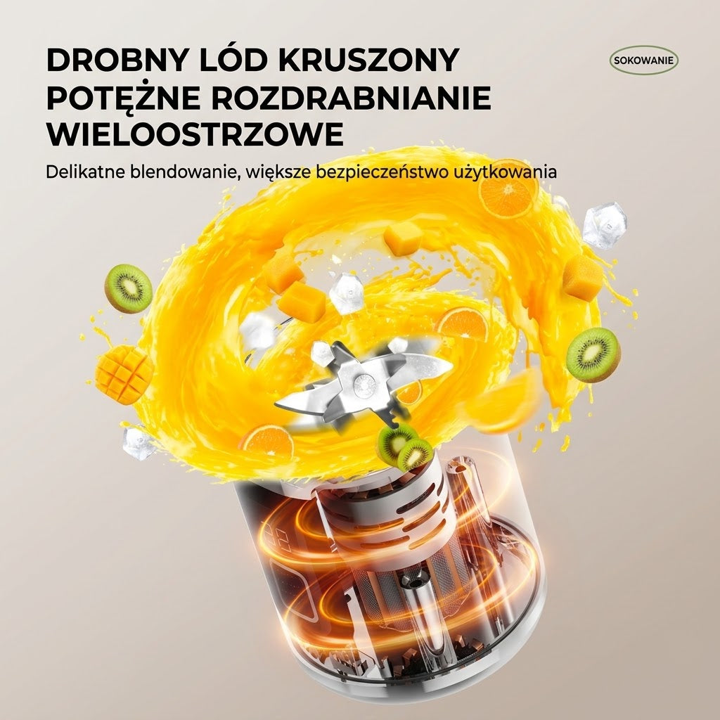 Blender przenośny — ilustracja ostrzy podczas miksowania owoców i lodu