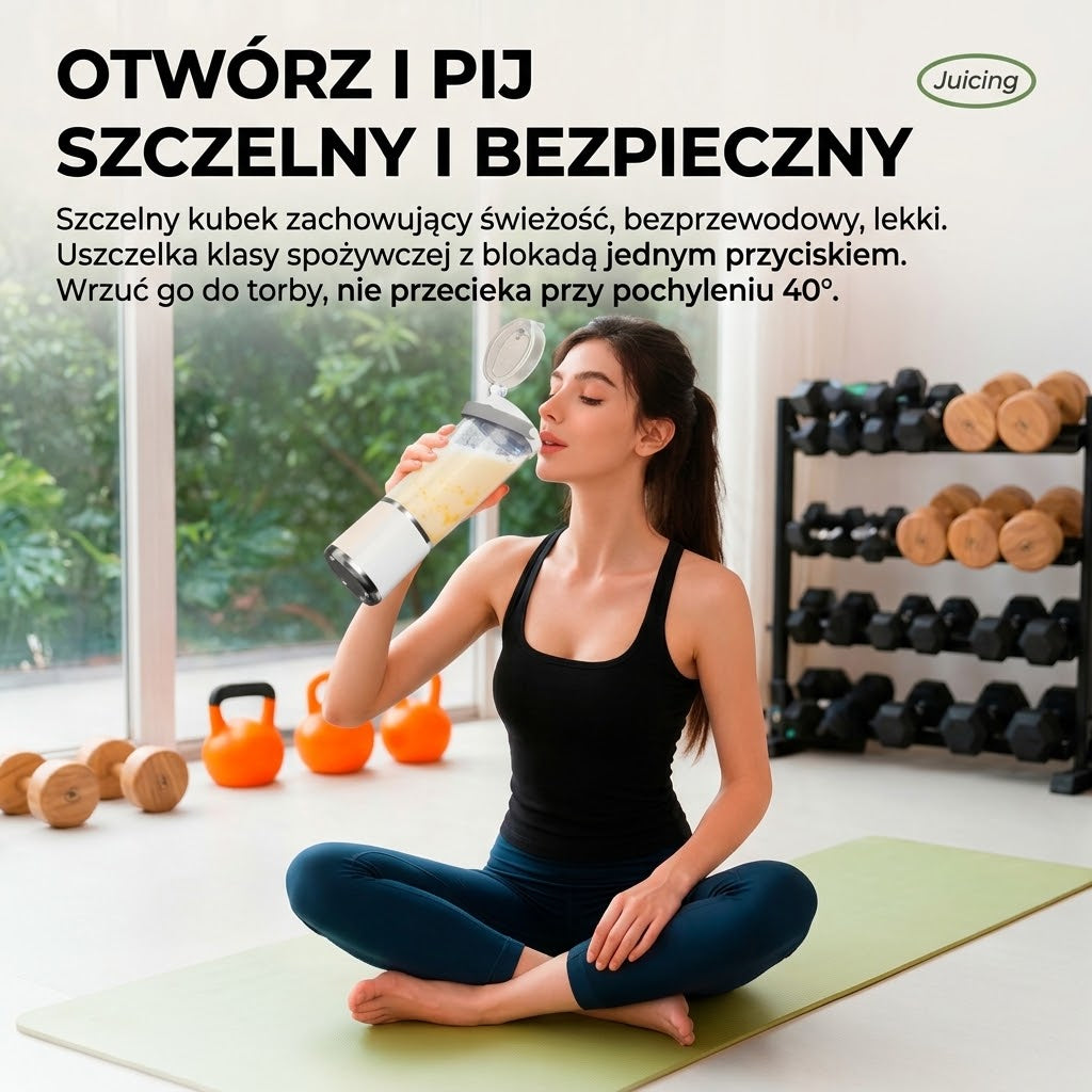 Blender przenośny — picie napoju z kielicha po ćwiczeniach