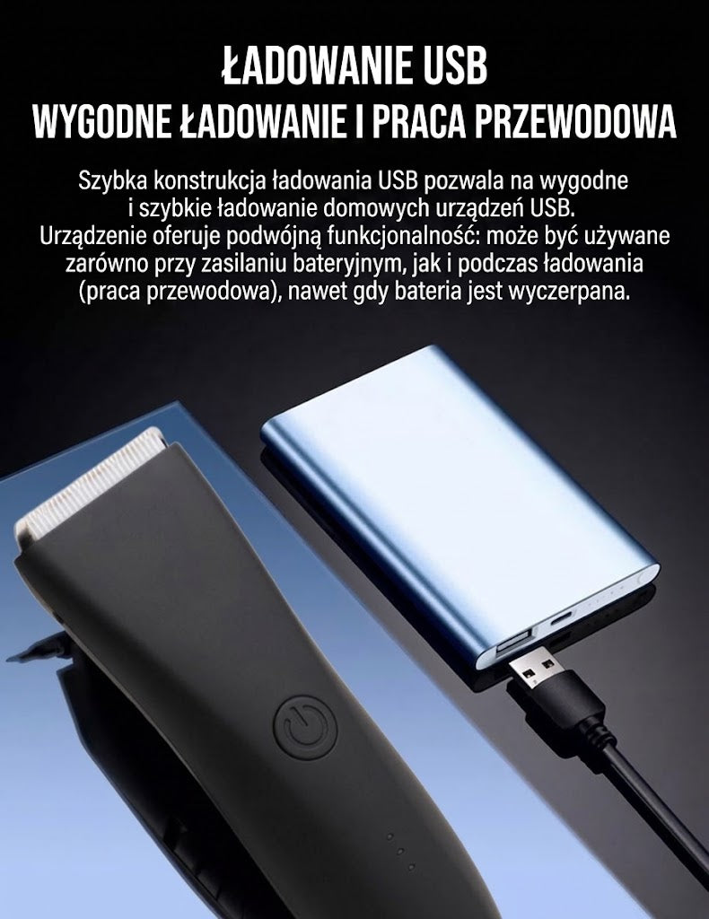 Trymer elektryczny — ładowanie trymera przewodem USB z powerbanku