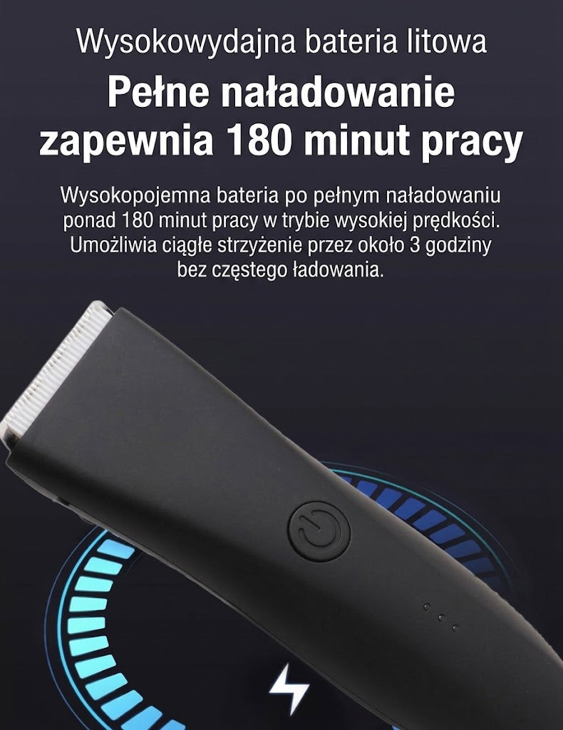 Trymer elektryczny — widok obudowy z grafiką wskaźnika baterii