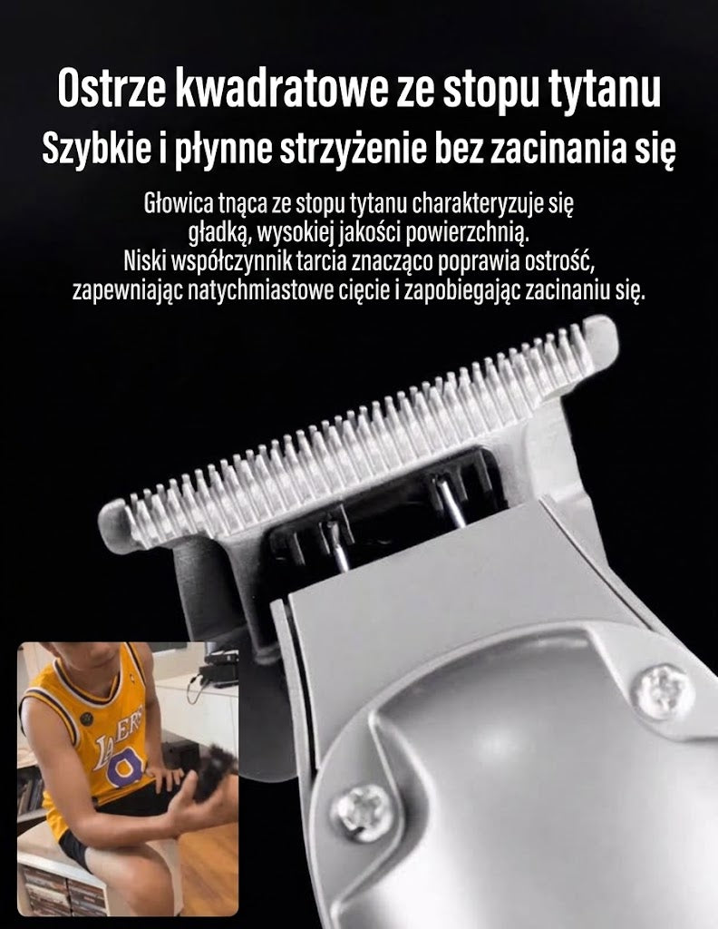 Trymer elektryczny — zbliżenie ostrza i zębów głowicy