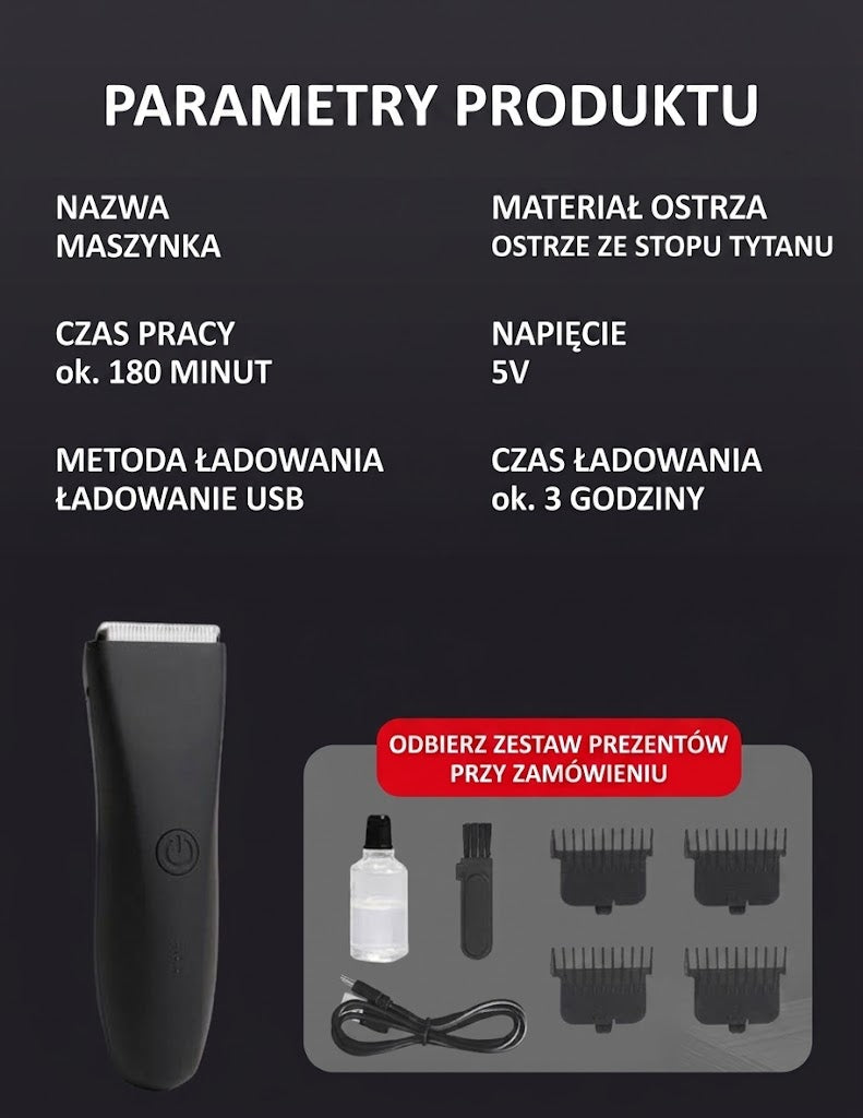 Trymer elektryczny — parametry urządzenia oraz widok trymera i akcesoriów