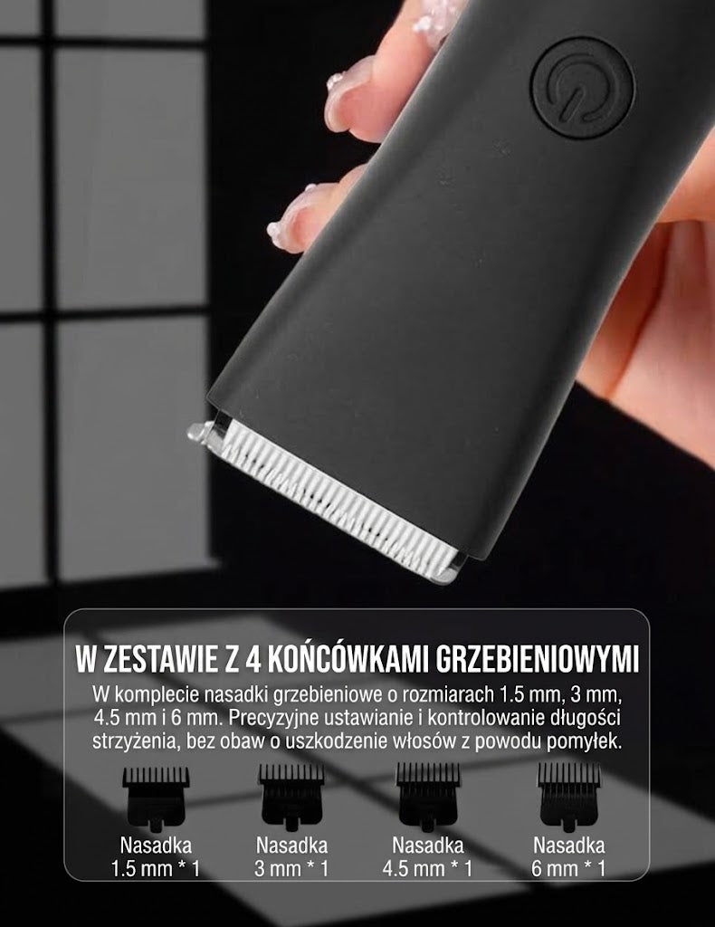 Trymer elektryczny — trymer i cztery nasadki grzebieniowe