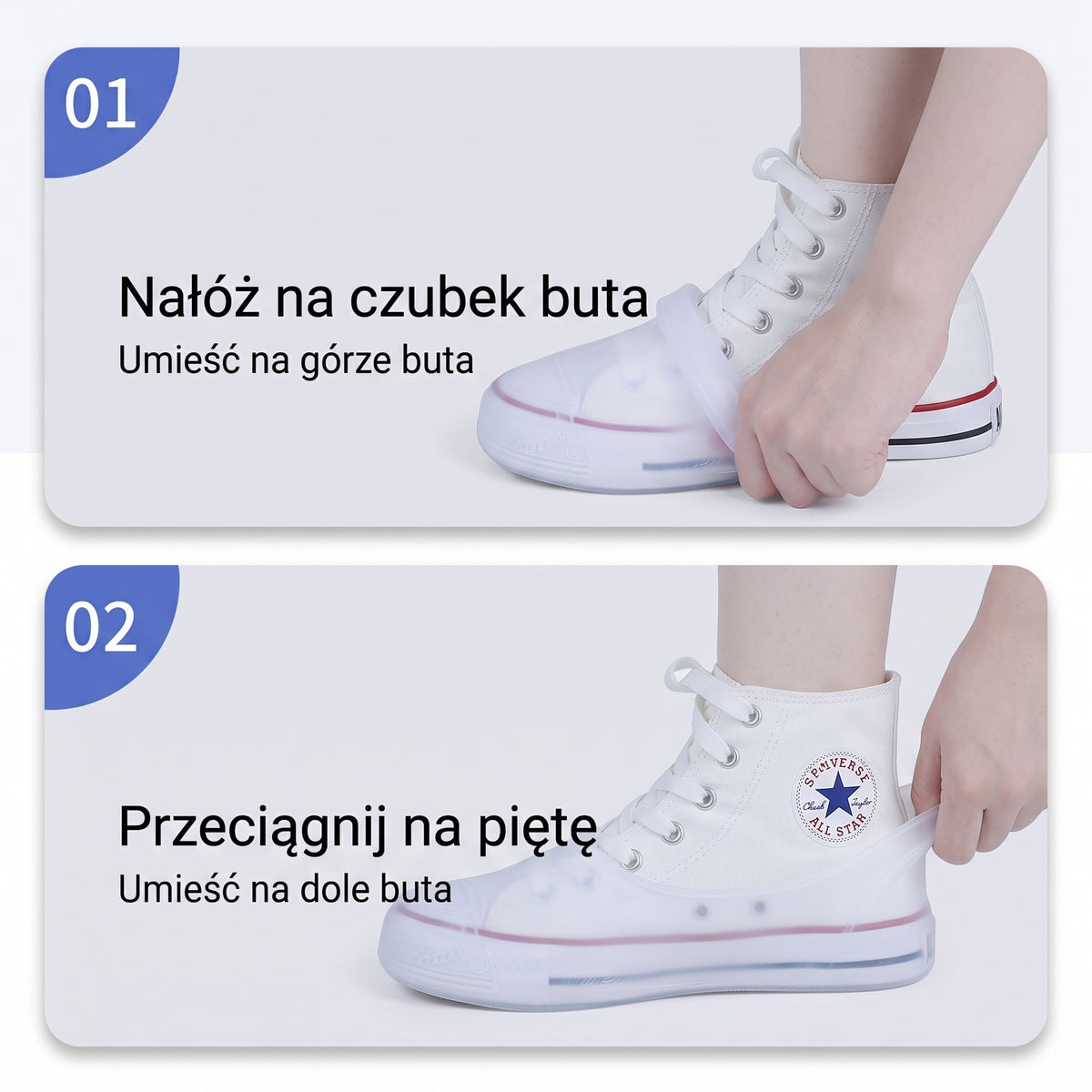 Nakładki na buty — instrukcja zakładania: nałóż na czubek buta, następnie przeciągnij na piętę