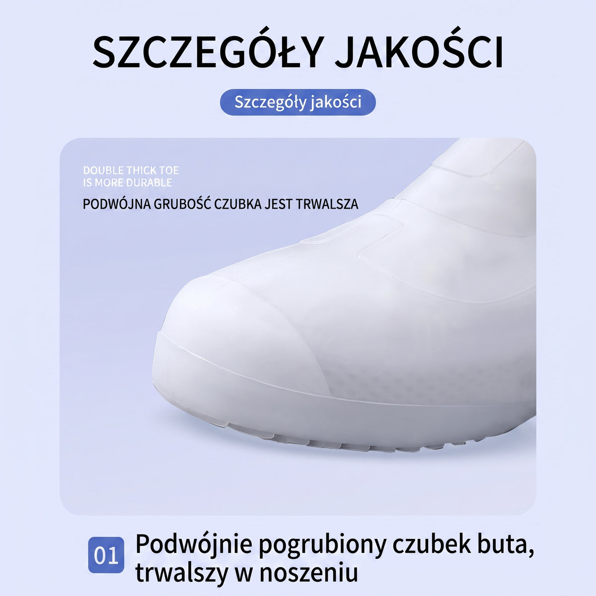 Nakładki na buty — zbliżenie przedniej części białej nakładki