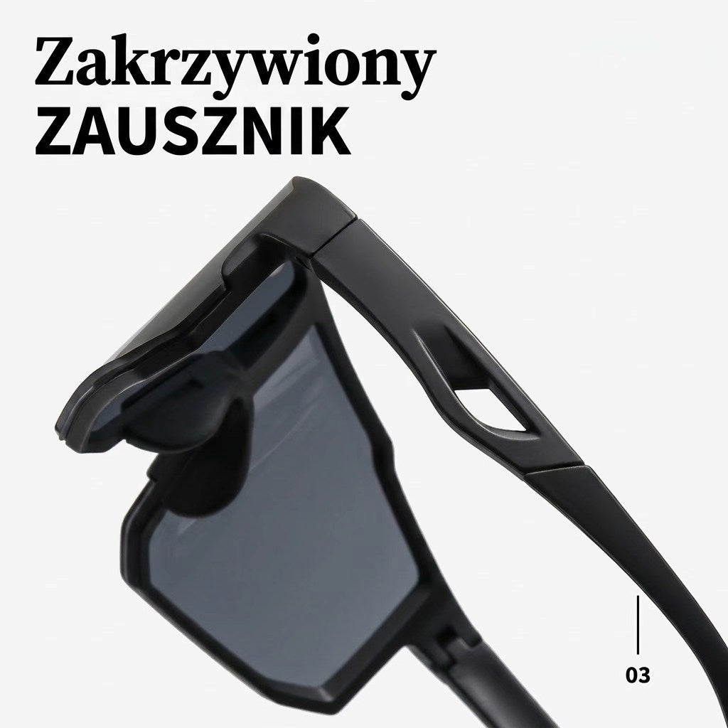 Okulary rowerowe — zbliżenie zakrzywionego zausznika
