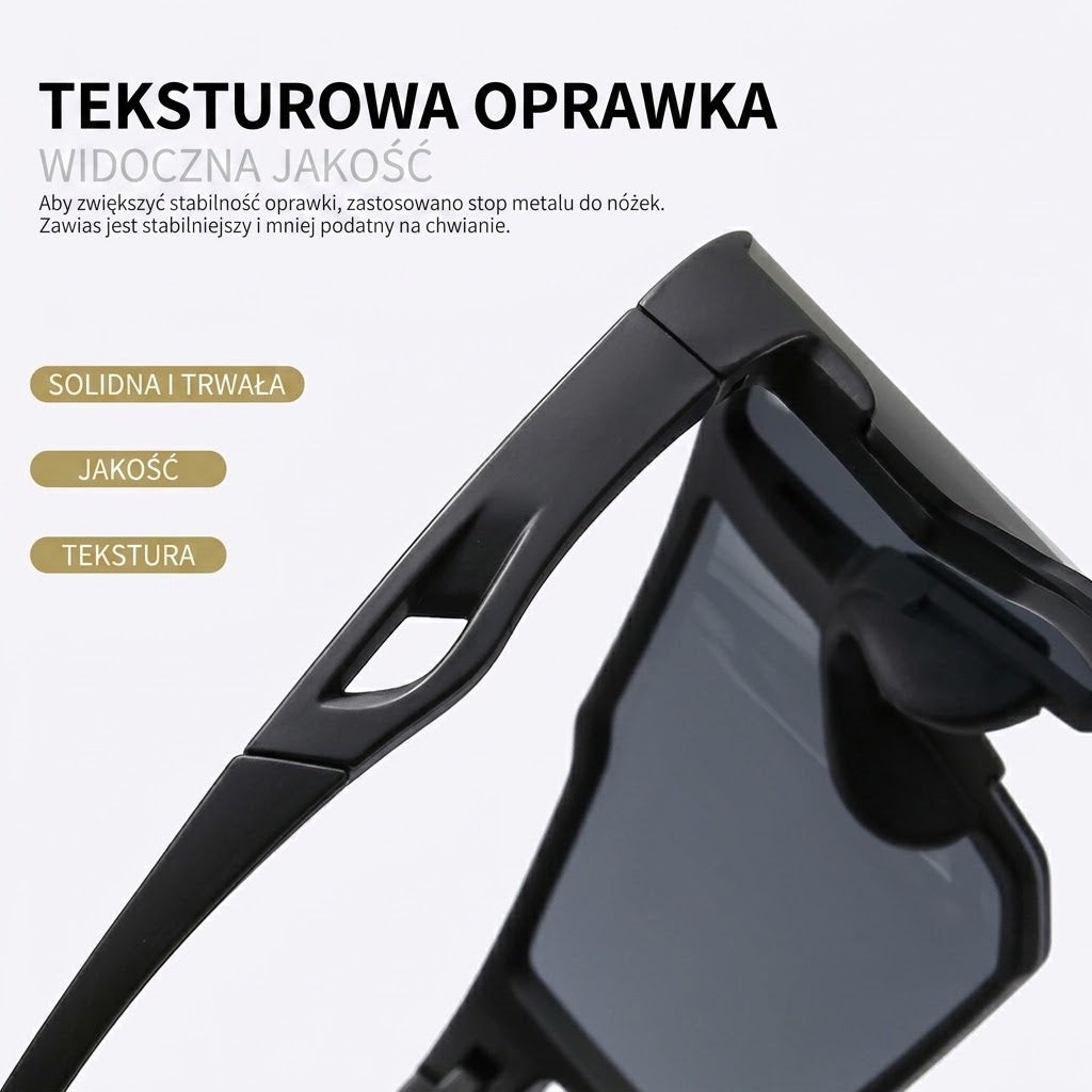 Okulary rowerowe — zbliżenie faktury i bocznej części oprawki