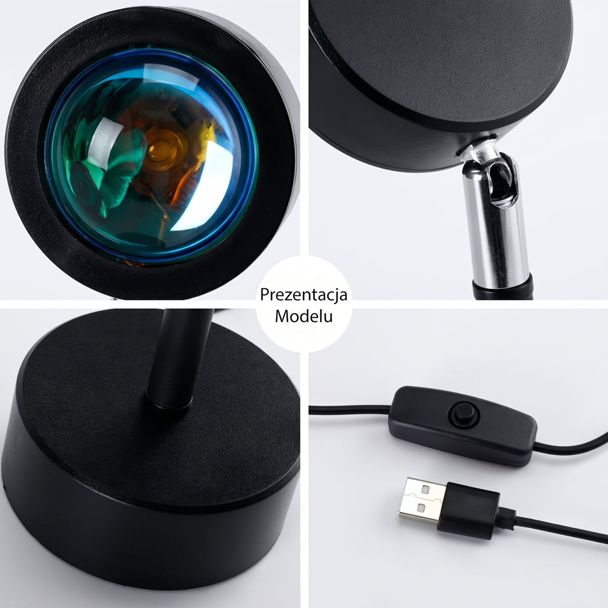 Lampa Sunset — zbliżenia soczewki, przegubu, podstawy i przewodu USB