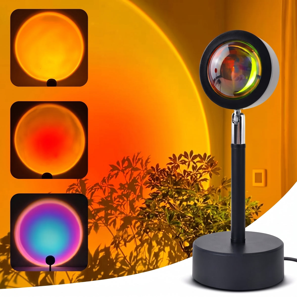 Lampa Sunset — lampa oraz trzy przykłady kolorów projekcji