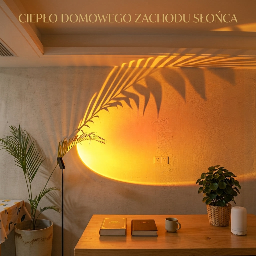 Lampa Sunset — projekcja światła i cienia rośliny na ścianie