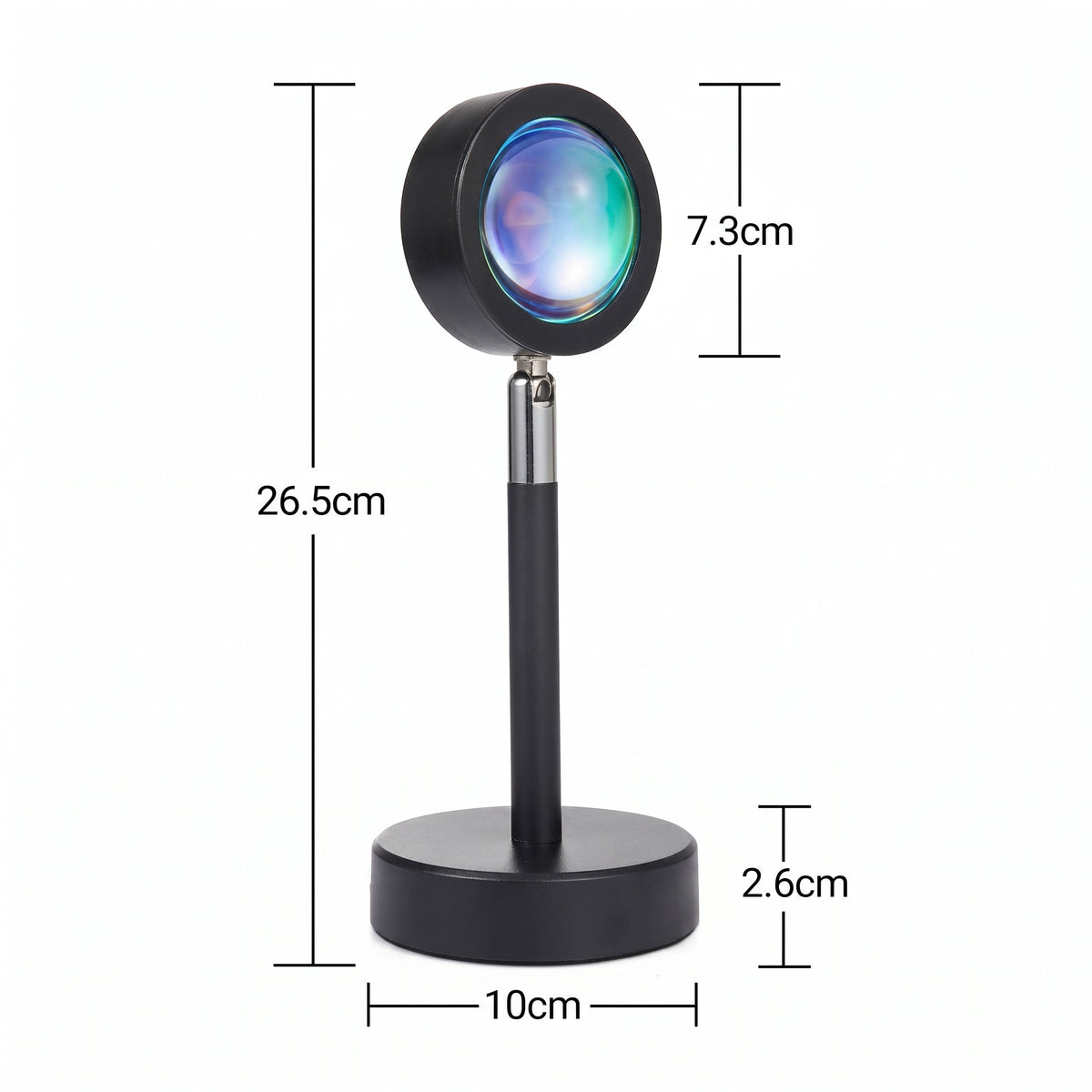 Lampa Sunset — schemat wymiarów: wysokość 26,5 cm, średnica podstawy 10 cm