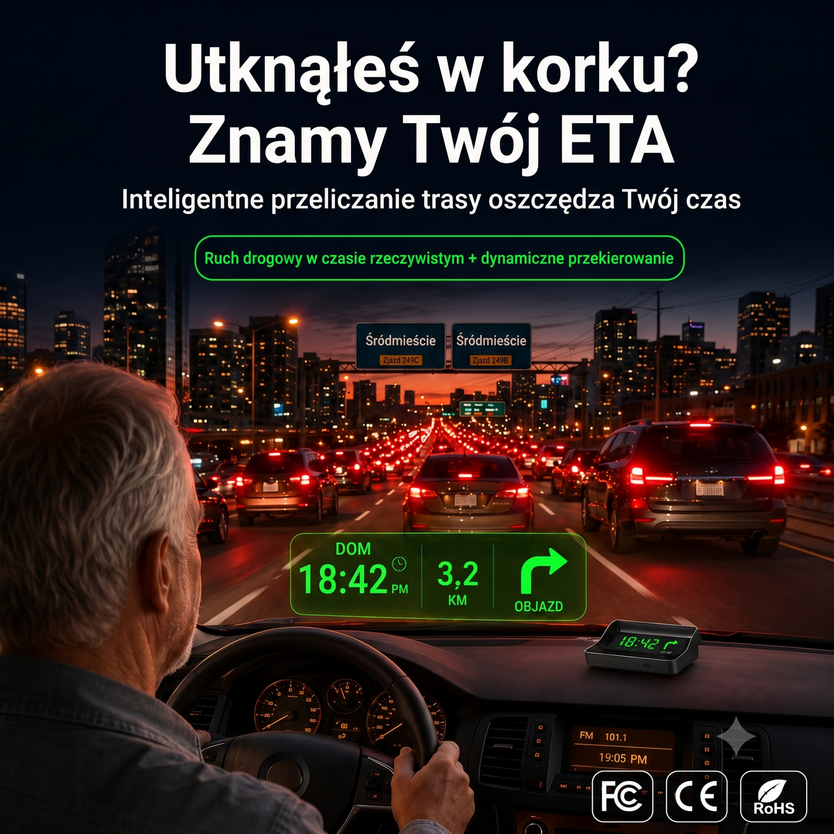 Wyświetlacz samochodowy HUD — ilustracja ekranu podczas jazdy w korku