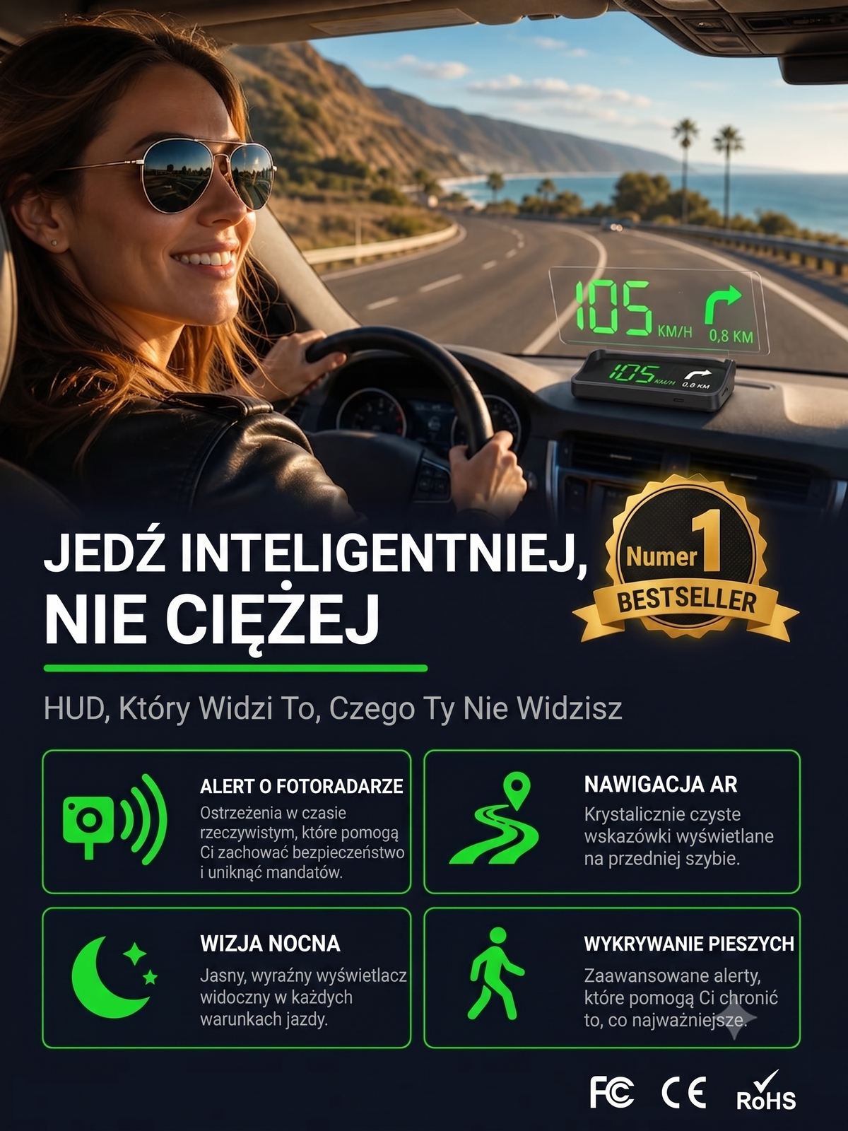 Wyświetlacz samochodowy HUD — kierowca i wyświetlacz na desce rozdzielczej
