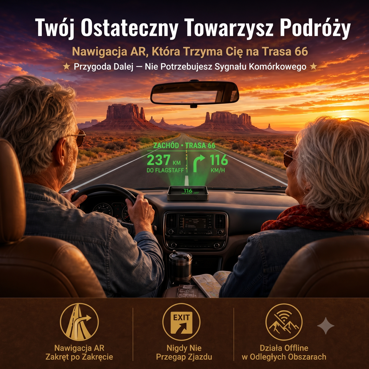Wyświetlacz samochodowy HUD — ilustracja projekcji podczas jazdy o zachodzie słońca