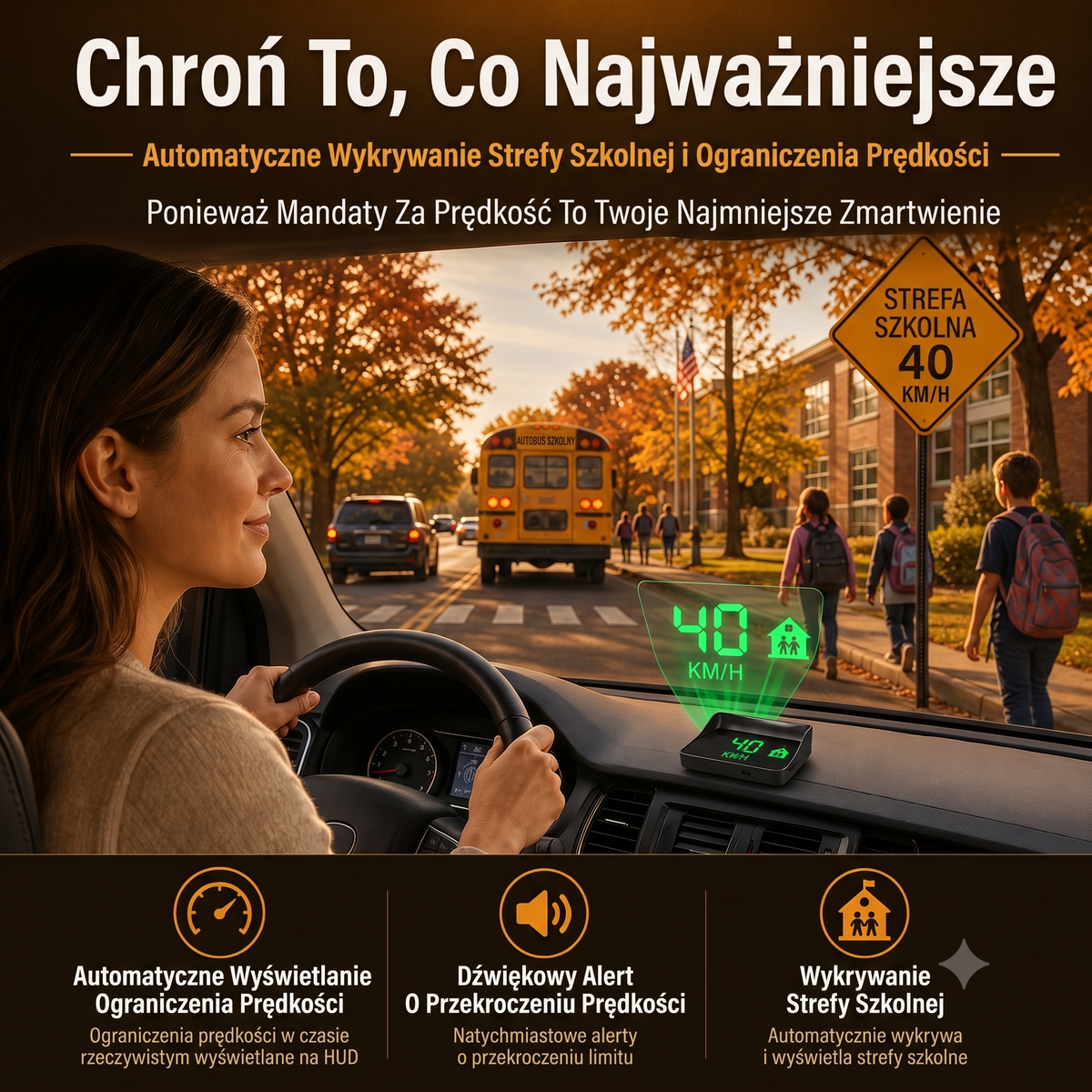 Wyświetlacz samochodowy HUD — ilustracja komunikatu przy szkole