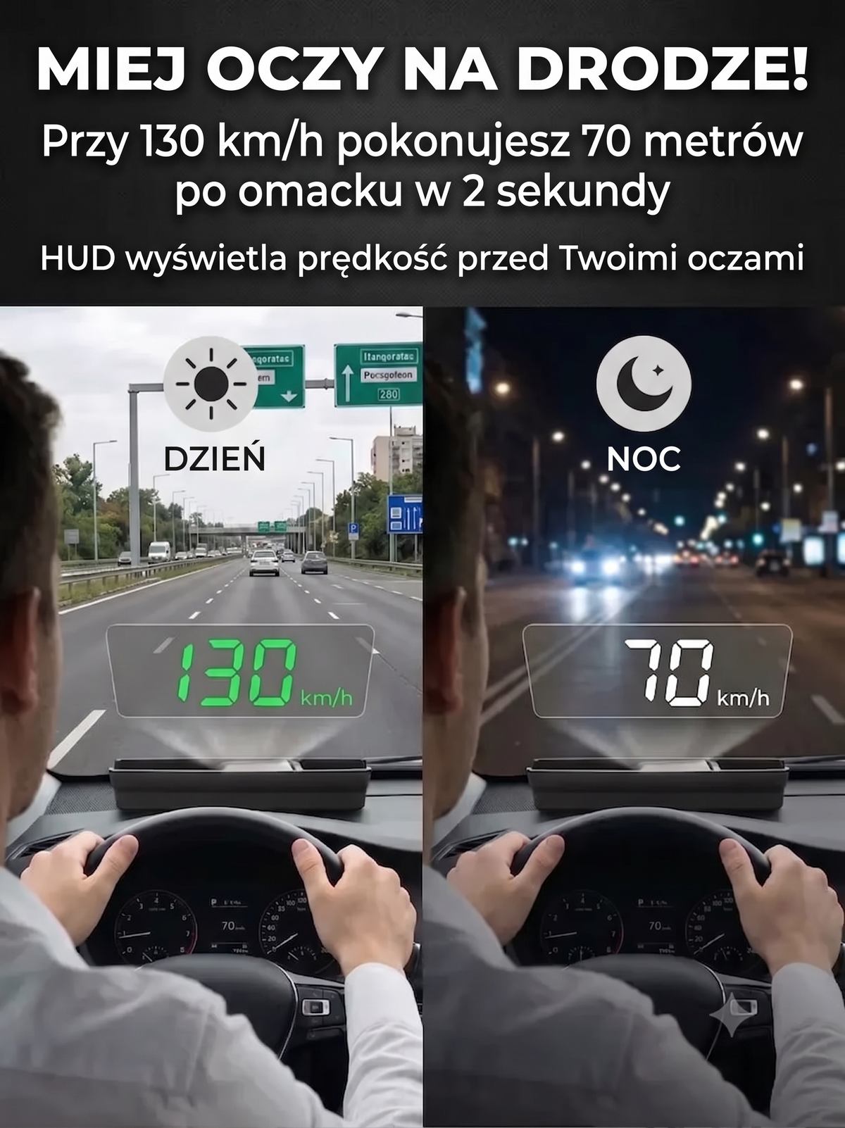 Wyświetlacz samochodowy HUD — porównanie projekcji podczas dnia i nocy
