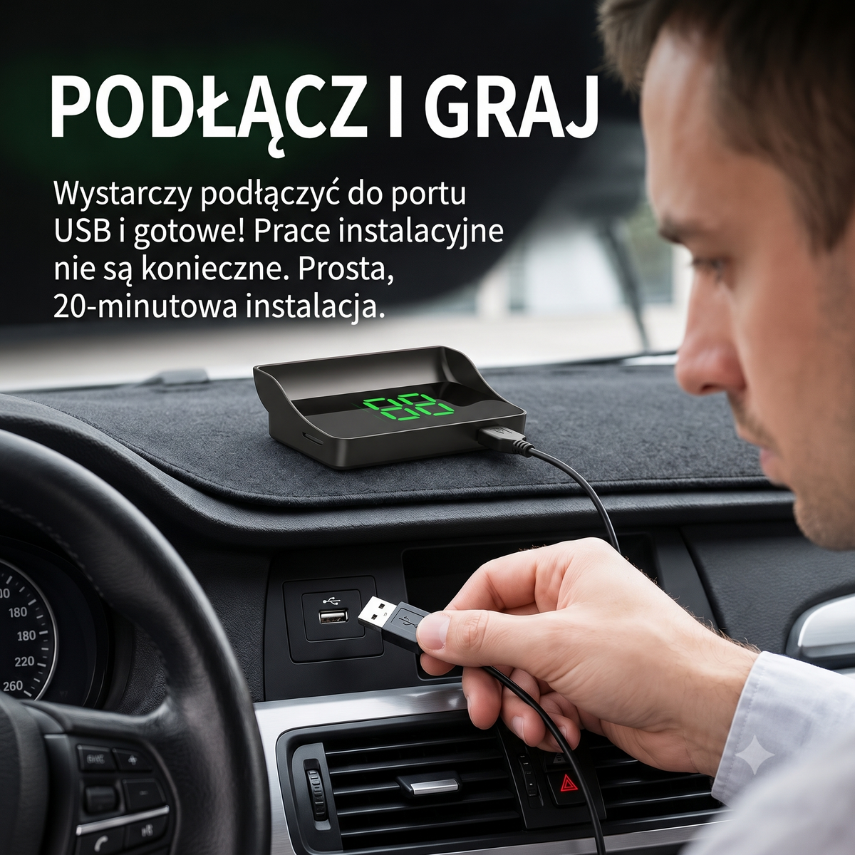 Wyświetlacz samochodowy HUD — podłączanie przewodu USB do urządzenia na desce rozdzielczej