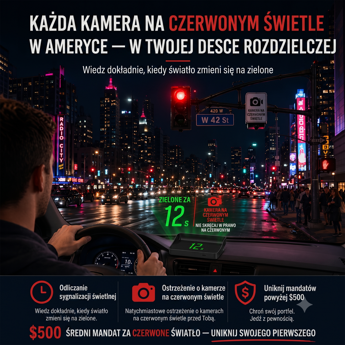 Wyświetlacz samochodowy HUD — ilustracja projekcji podczas jazdy nocą przez miasto