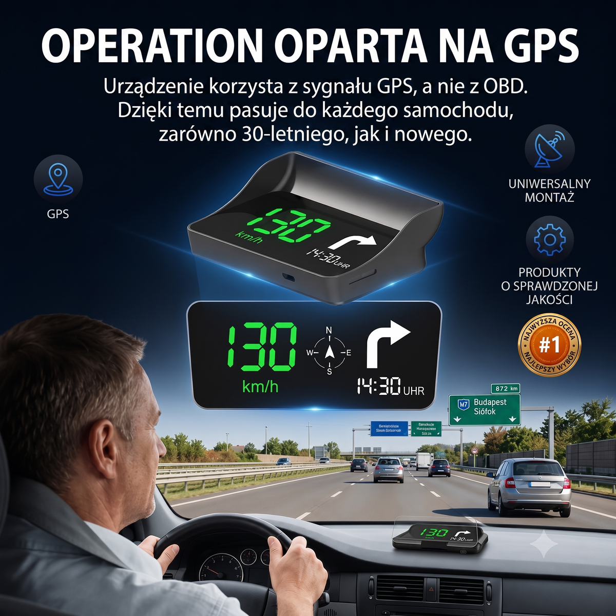Wyświetlacz samochodowy HUD — urządzenie oraz schemat działania z sygnałem GPS