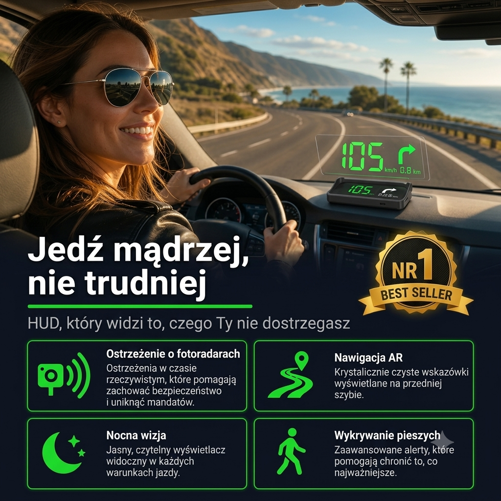 Wyświetlacz samochodowy HUD — widok kierowcy i zielonej projekcji na szybie