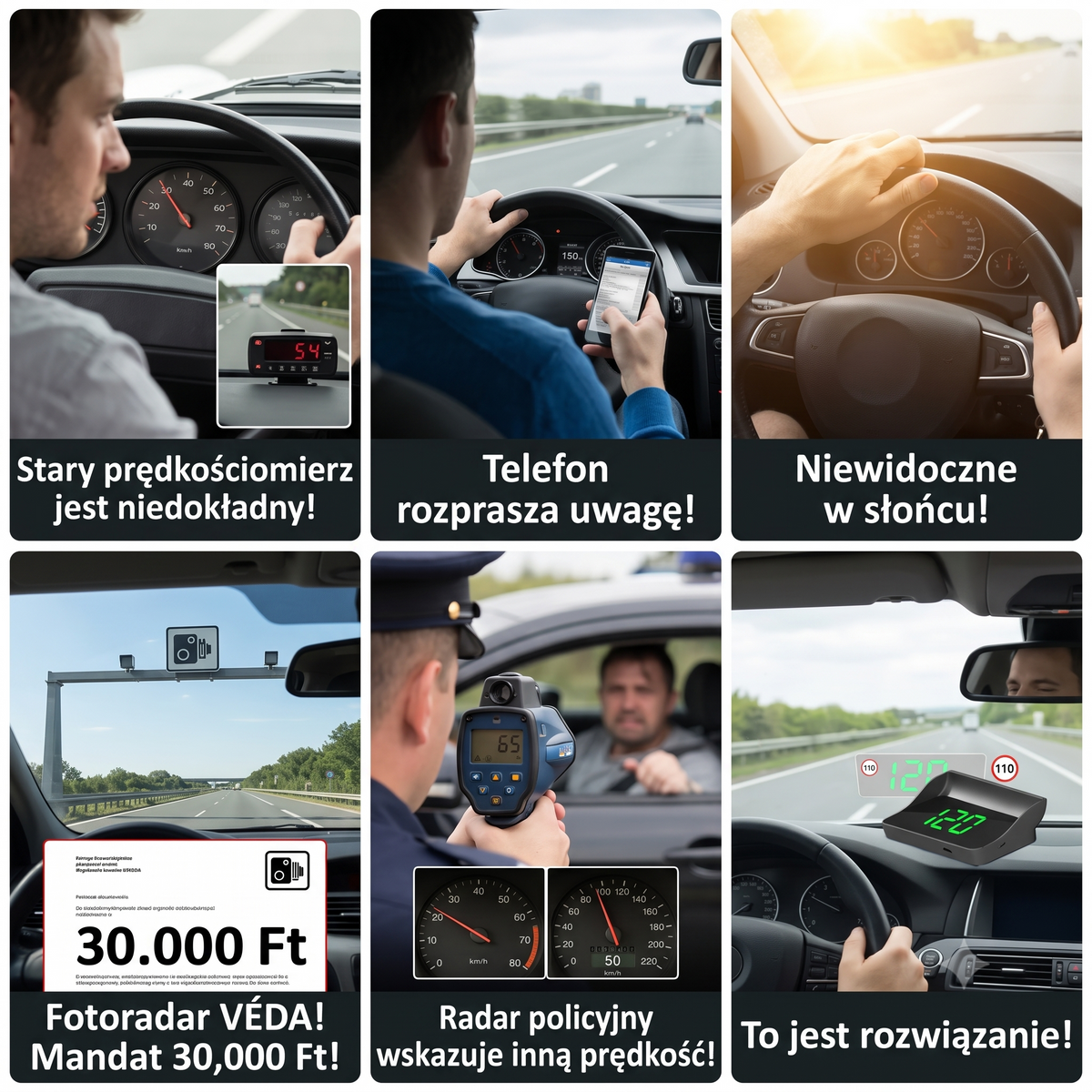 Wyświetlacz samochodowy HUD — kolaż deski rozdzielczej, telefonu i projekcji na szybie