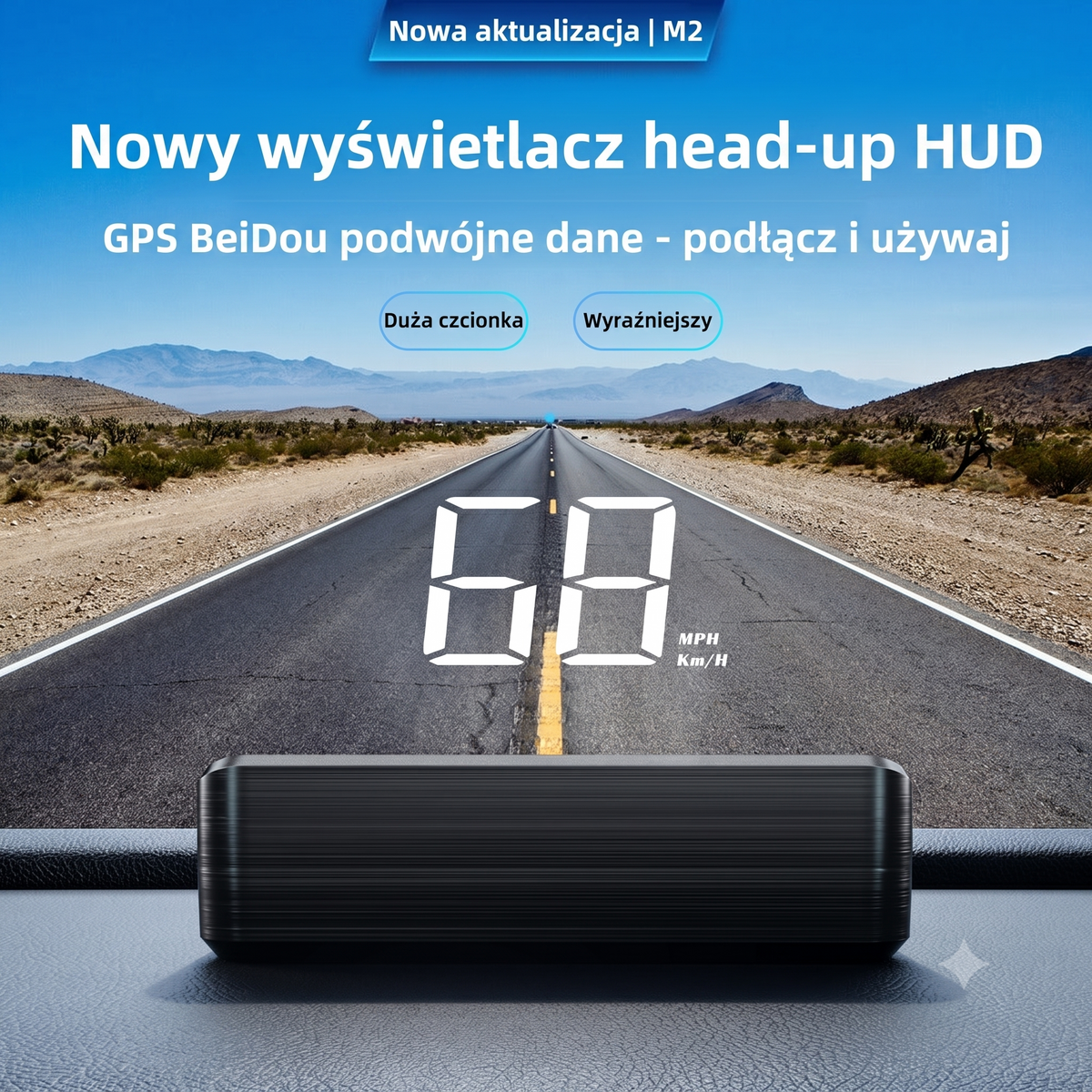 Wyświetlacz samochodowy HUD — czarna obudowa urządzenia i biała projekcja cyfr