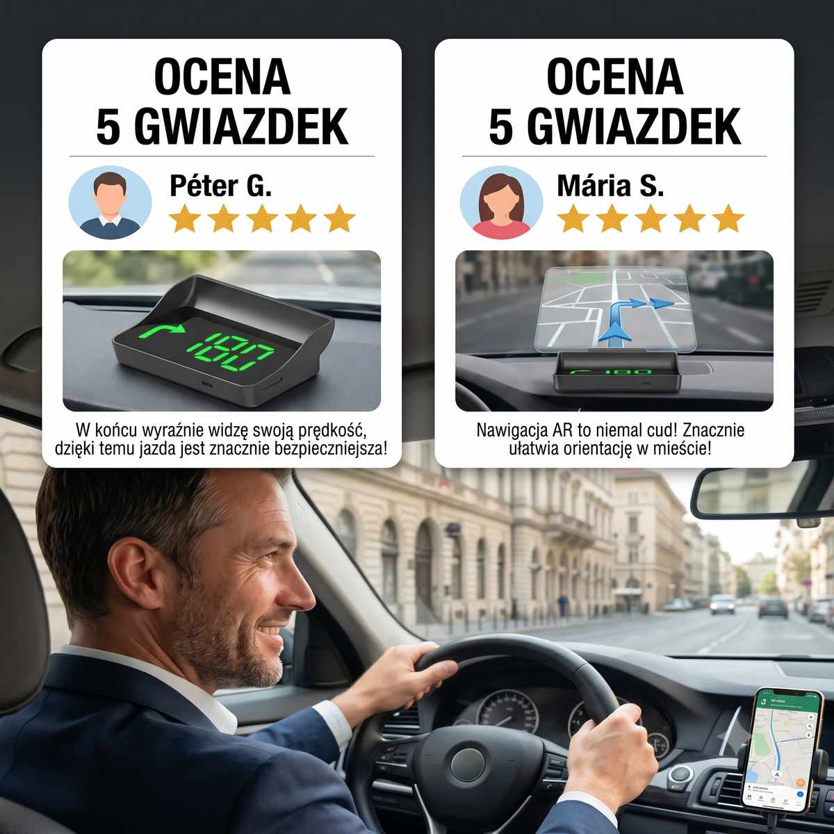 Wyświetlacz samochodowy HUD — kolaż urządzenia, projekcji i ocen przedstawionych przez producenta
