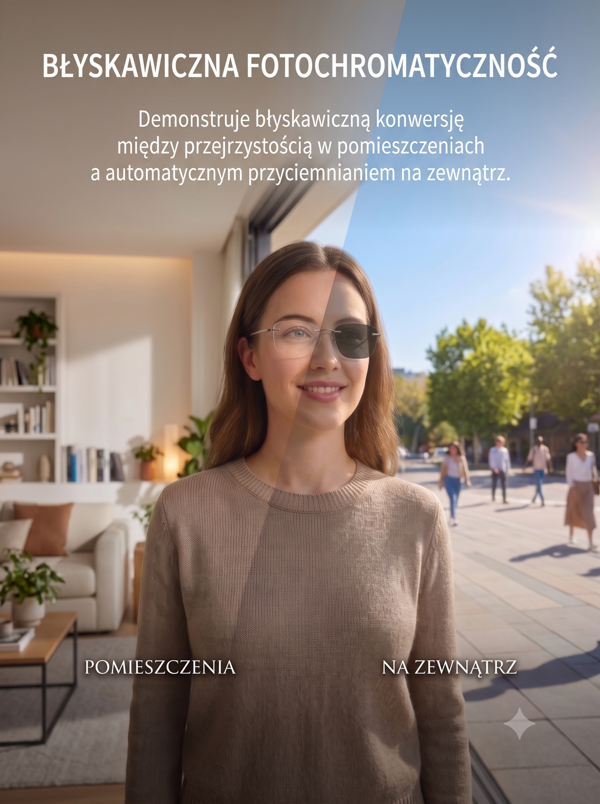 Okulary do czytania — kobieta w okularach; zestawienie soczewek wewnątrz i na zewnątrz