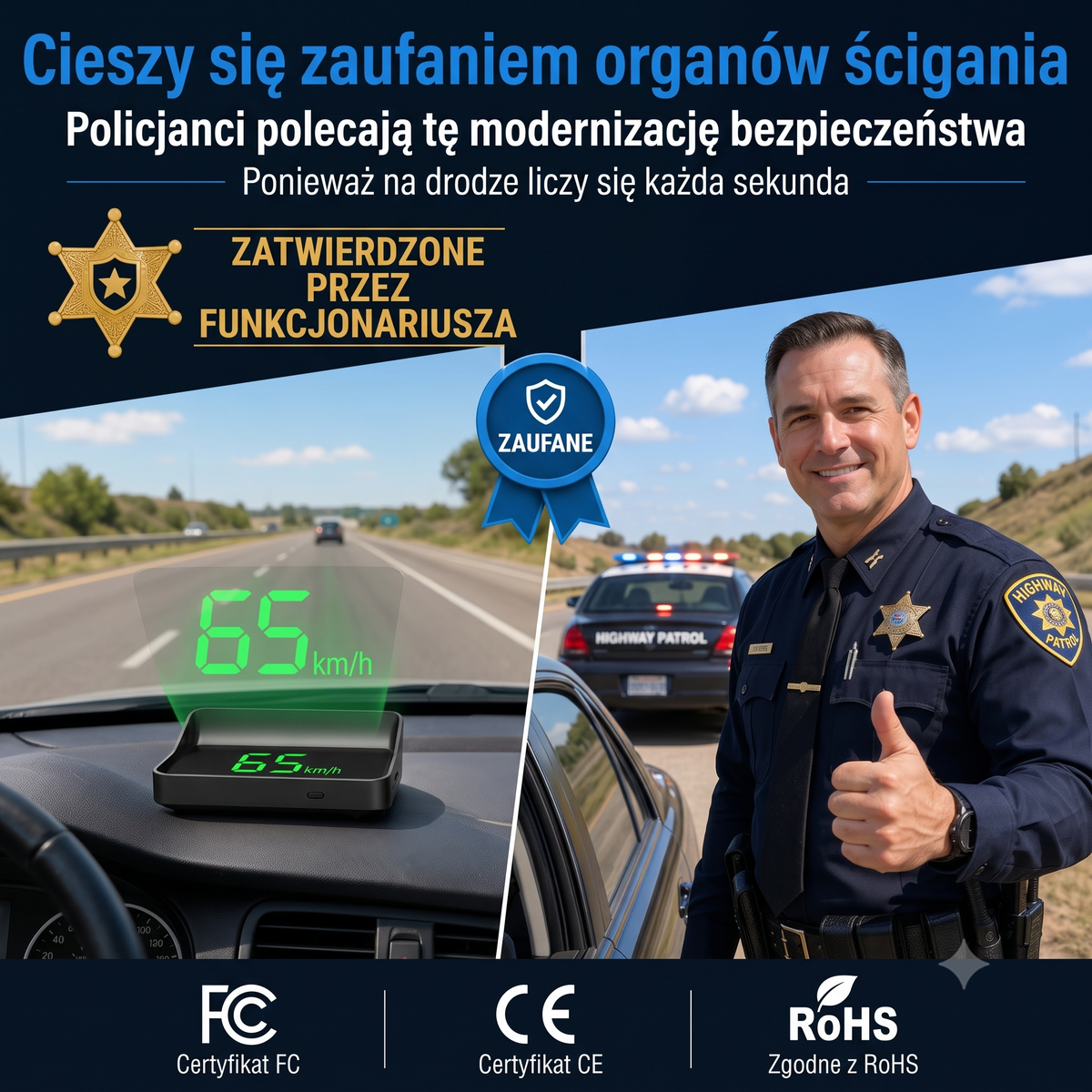 Wyświetlacz samochodowy HUD — urządzenie oraz grafika producenta z postaciami policjantów
