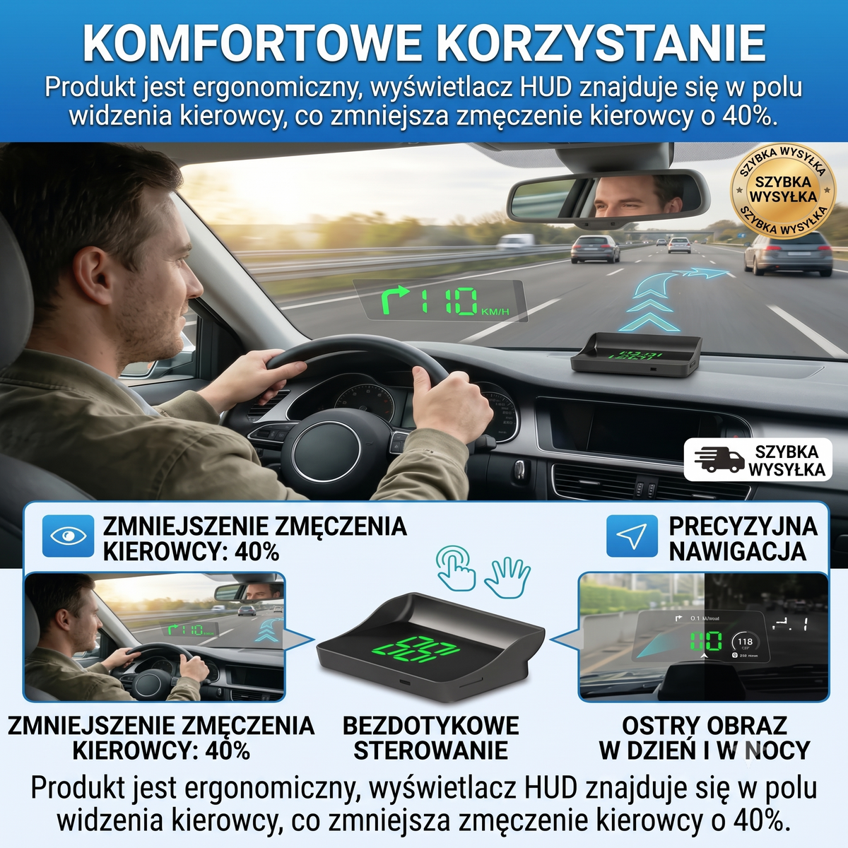 Wyświetlacz samochodowy HUD — widok miejsca urządzenia w polu widzenia kierowcy