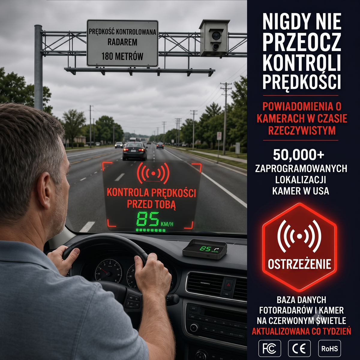 Wyświetlacz samochodowy HUD — ilustracja komunikatu dotyczącego kontroli prędkości