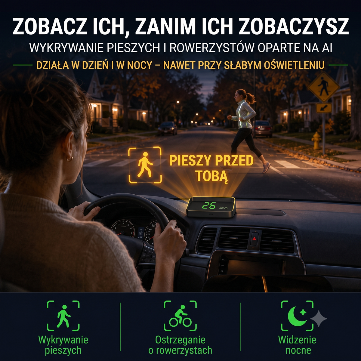 Wyświetlacz samochodowy HUD — ilustracja komunikatu na szybie przy przejściu dla pieszych