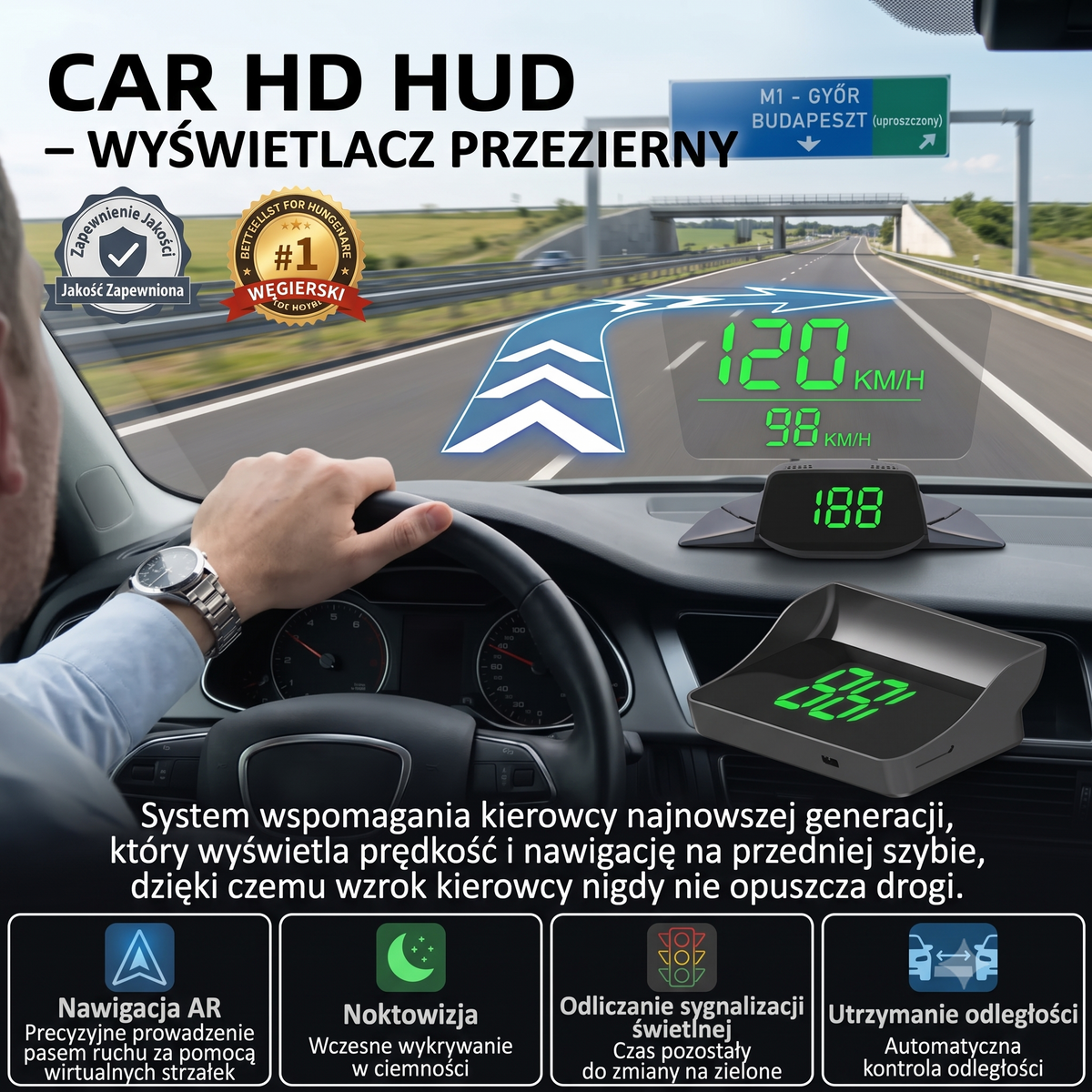 Wyświetlacz samochodowy HUD — urządzenie z zielonym wyświetlaczem i ikonami funkcji