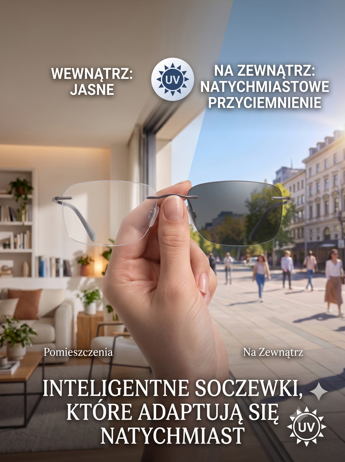 Okulary do czytania — soczewki pokazane w pomieszczeniu i na zewnątrz