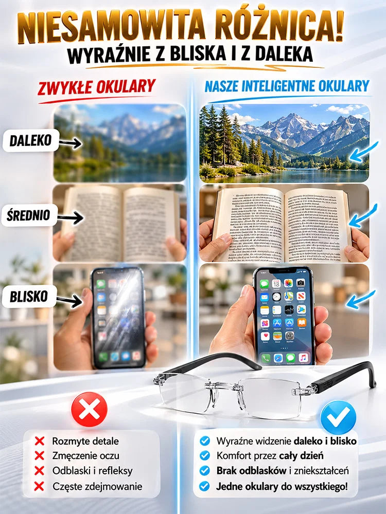 Okulary do czytania — infografika porównująca widok z bliska i z daleka