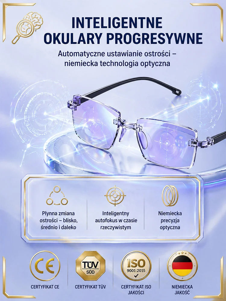 Okulary do czytania — zbliżenie oprawek oraz schemat cech soczewek